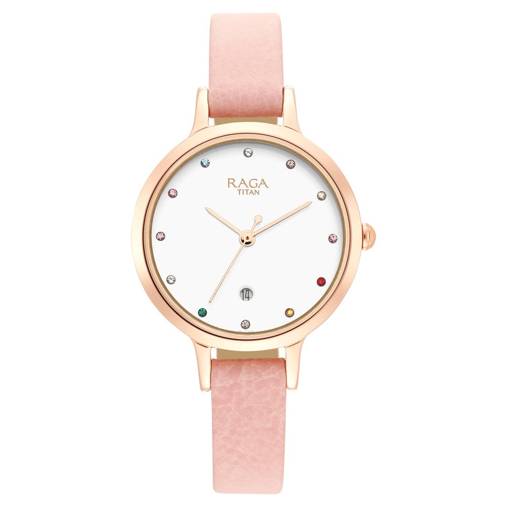 Titan Raga Viva Quartz Analog with Date White Dial Leather Strap Watch for Women 2666WL01