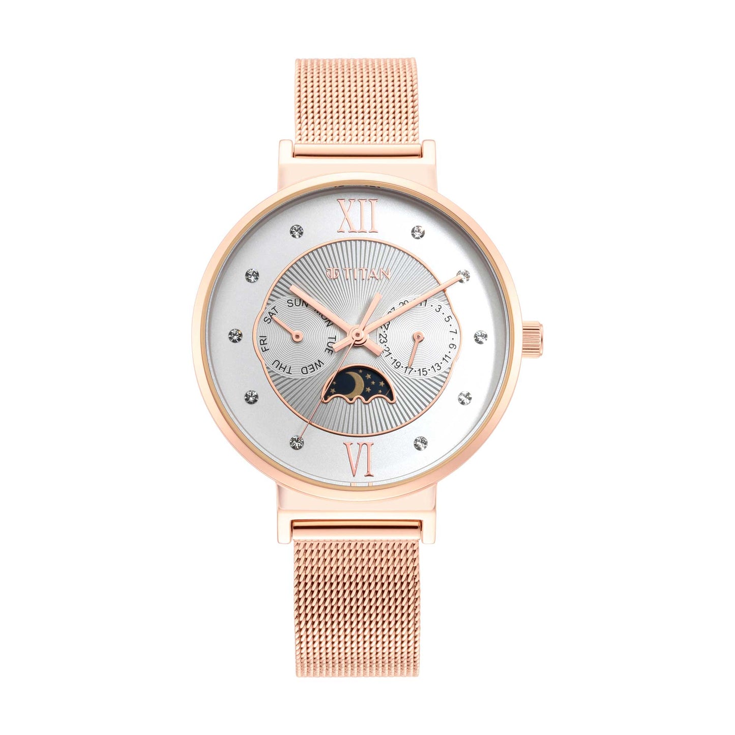 Titan Slimline Silver Dial Quartz Multifunction Stainless Steel Strap Watch for Women