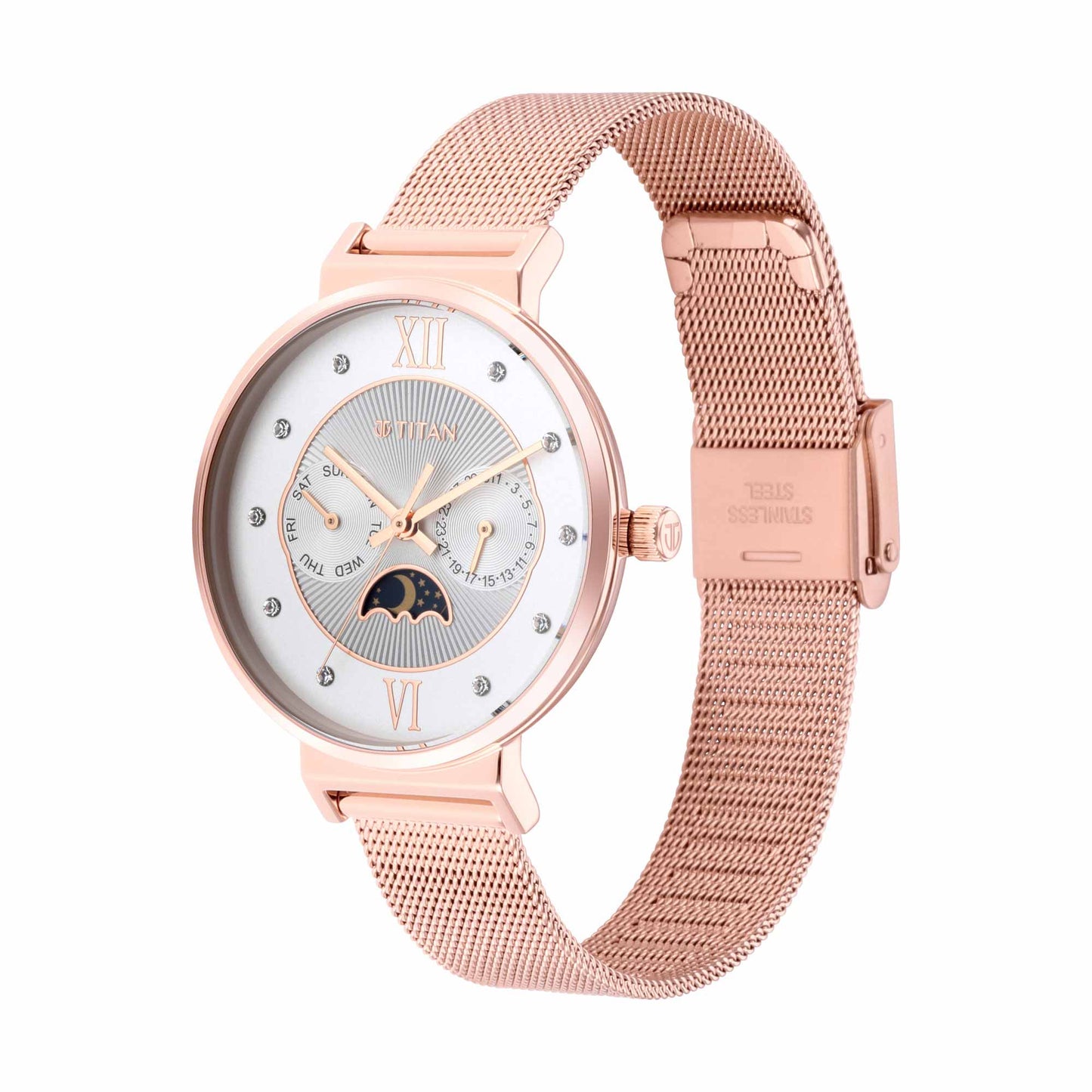 Titan Slimline Silver Dial Quartz Multifunction Stainless Steel Strap Watch for Women