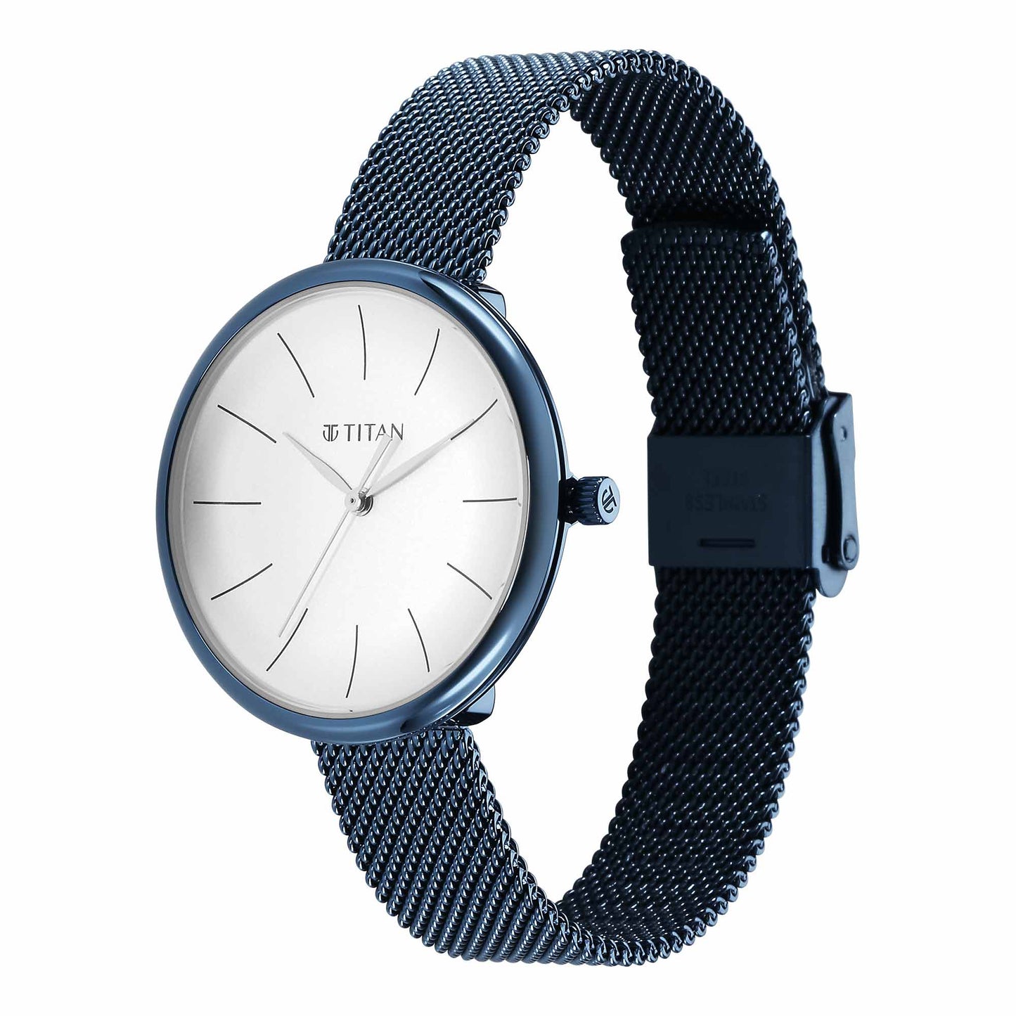 Titan Slimline Quartz Analog White Dial Blue Stainless Steel Strap Watch for Women