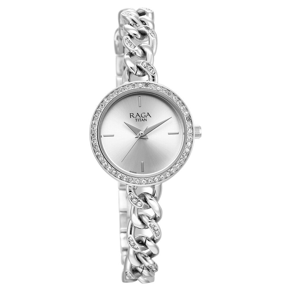 Titan Raga Showstopper Quartz Analog Silver Dial Metal Strap Watch for Women 95288SM01