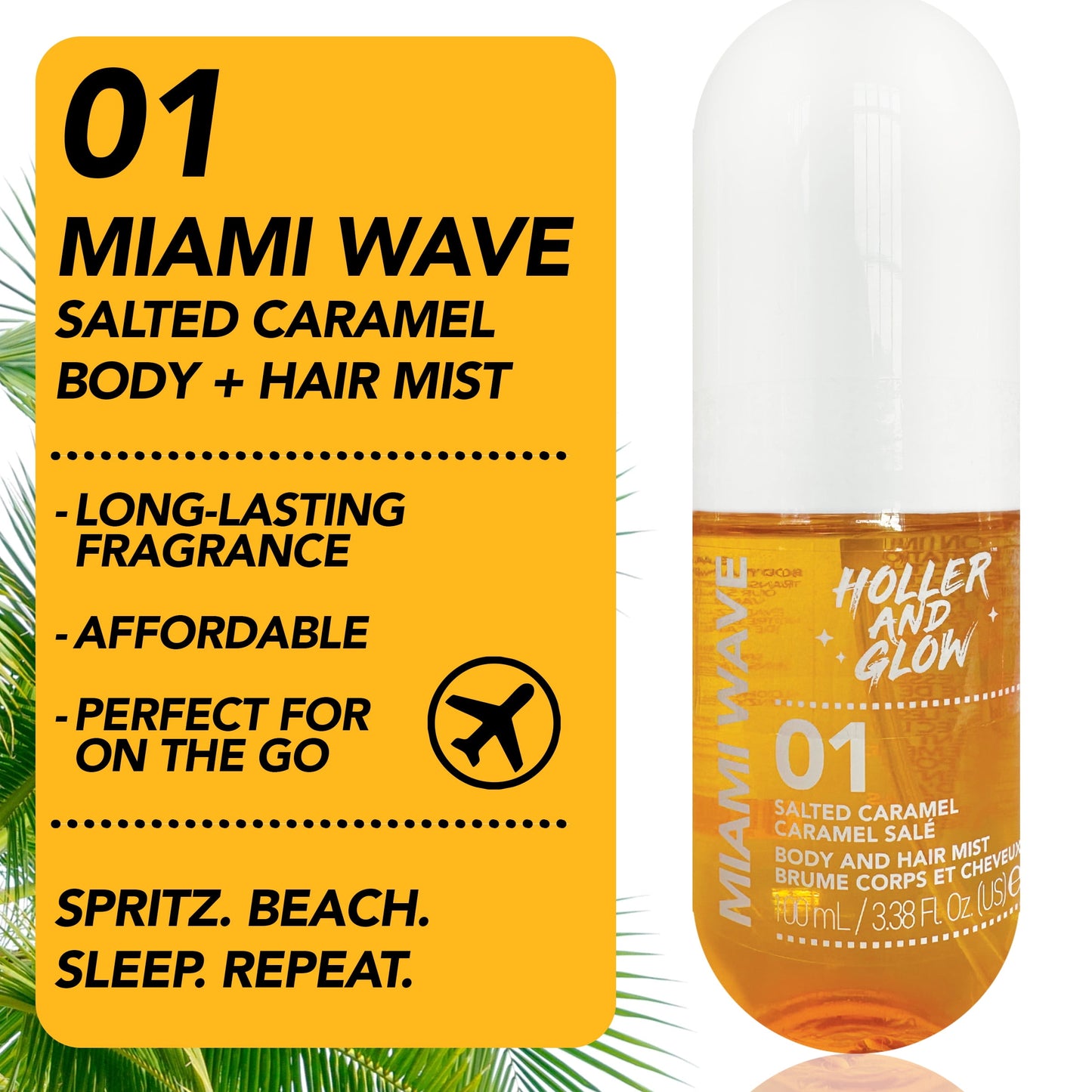 Holler And Glow Miami Wave Salted Caramel Body & Hair Mist, 3.38 fl oz