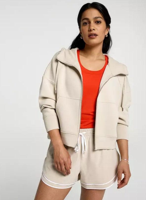 CALIA Women’s Soft Scuba 3-Piece Lounge Set – Hooded Full Zip Jacket, Seamless Scoop Tank & Drawstring Step-Up Shorts