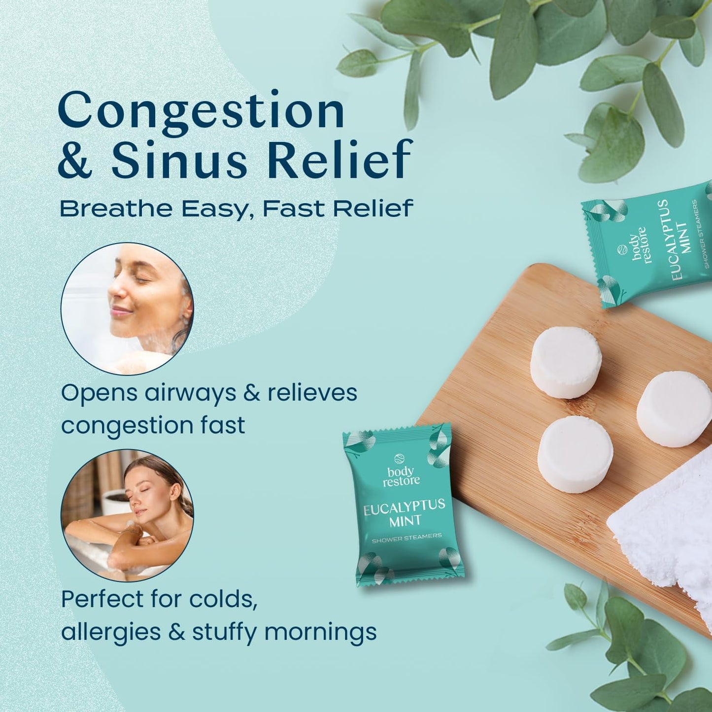 Body Restore 3 Count Shower Steamers for Aromatherapy, Essential Oils, Eucalyptus