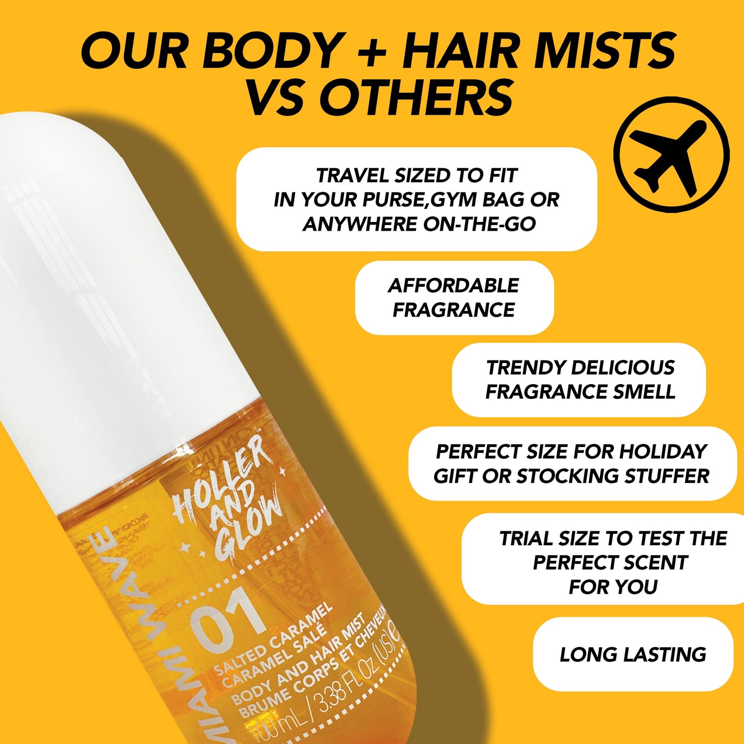 Holler And Glow Miami Wave Salted Caramel Body & Hair Mist, 3.38 fl oz